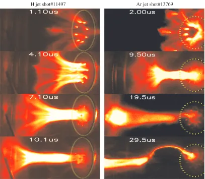 Figure 1.2: False color images showing the formation of a hydrogen plasma jet (left, shot11497) and an argon plasma jet (right, shot 13769)