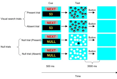 Figure 1Time course of the stimulus display sequence of the task trialsto 99 was presented on the centre of the viewing screen for 500 ms, followed by a test sequence of digits (targets) presented for 3,500 ms