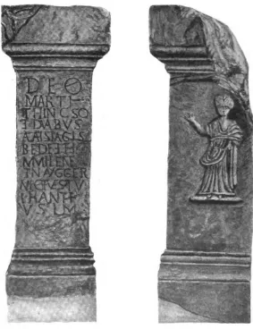 Fig. 1.1) RIB 01593.  Left-hand image shows the front of the votive bearing dedicatory inscription to the god Mars, the divine emperor, and the two Alaisiagae, Bede and Fimmilene, while the right-hand 