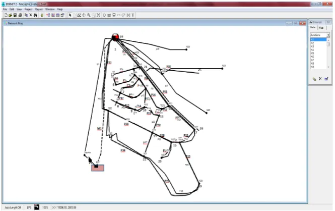 Figure 5. The pipe network digitized on the EPANET 2.0 program. 