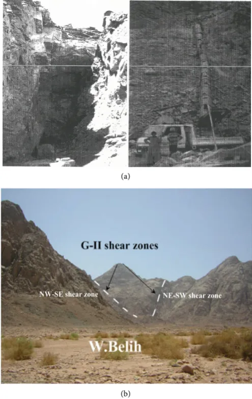 Figure 3. (a) Open pit at GII occurrence [1]. (b) General view for mineralized shear zones of G-II uranium occurrence, looking SW, G