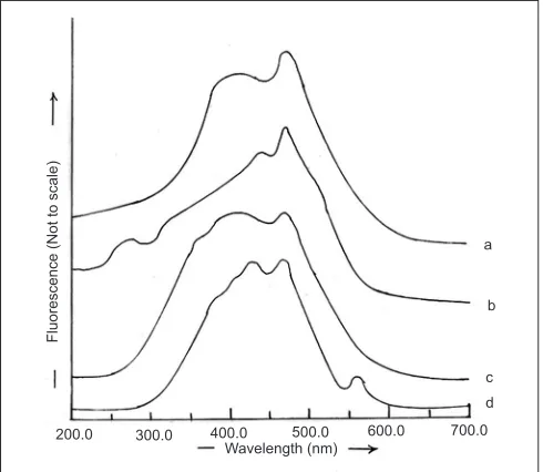 Fig. 1: Excitation and emission maxima of RGE in different pH media.RGE solutions were prepared in methanol (a); PB pH 6.8 (b), PB pH 7.4 (c), PB pH 9.2 (d), PB pH 12.2 (e), PB pH 1.2 (f), PB pH 3.2 (g) or PB pH 4.2 (h)