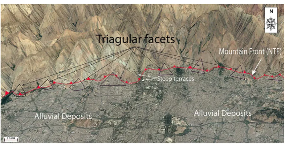 Figure 6. Google map view of north Tehran city (southern of the Alborz Mountains), with active mountain fronts, showing steep, with fault scarps, triangular facets, alluvial deposits and terraces due to high incision