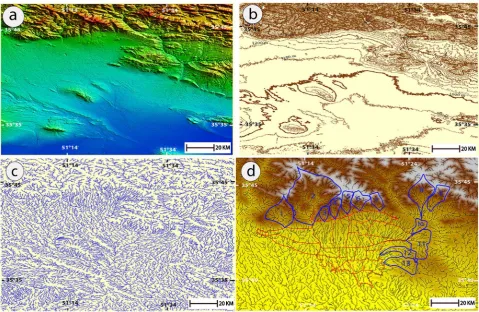 Figure 2. (a) DEM of studied area 1:30,000 m (Download from USGS site), (b) & (c) Elevation and drainage basin maps of studied area (prepared from Mentioned DEM in Global Mapper software), (d) Location of 13 Drainage Basin map of study area (Red line point
