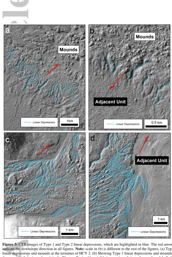 Figure 3: CTX images of Type 1 and Type 2 linear depressions, which are highlighted in blue