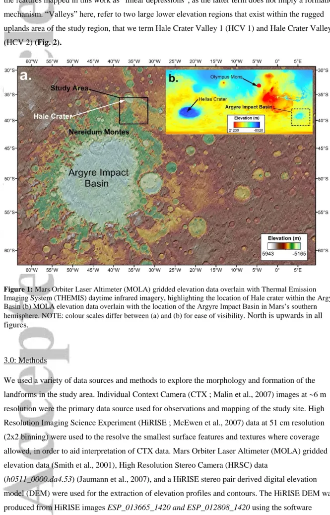 Figure 1: Mars Orbiter Laser Altimeter (MOLA) gridded elevation data overlain with Thermal Emission  Imaging System (THEMIS) daytime infrared imagery, highlighting the location of Hale crater within the Argyre  Basin (b) MOLA elevation data overlain with t