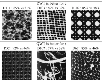 Fig. 1. Particular textures (The first 128 × 128 part) better recog- recog-nized by either the QWT-based or the DWT-based method (highest difference of recognition rate examples)