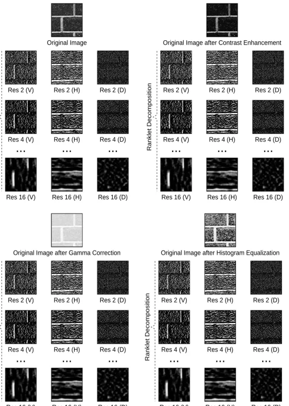 Fig. 4. Gray-scale invariance of the ranklet transform. Ranklet decomposition, from resolution 2 up to 16, of the original image, of the original image after contrast enhancement (i.e., linear monotonic gray-scale transformation), of the original  im-age a