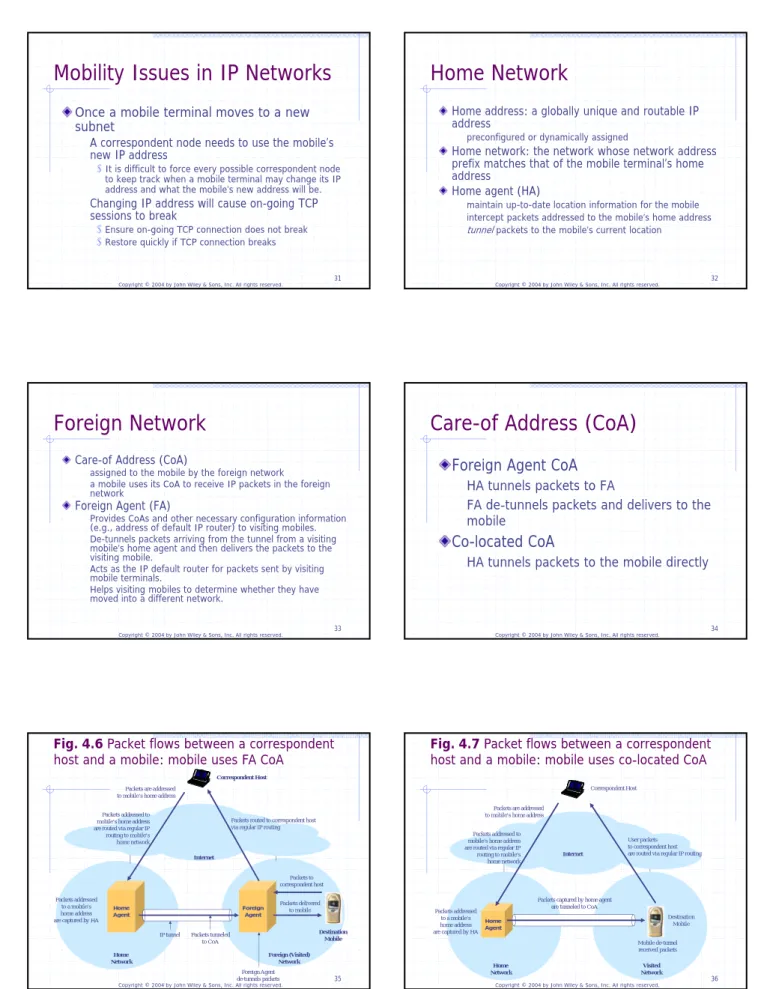 Fig. 4.6 Packet flows between a correspondent  host and a mobile: mobile uses FA CoA