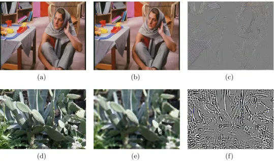 Figure 1. A. Buades method with scale parameter set to 3 : (a and d) original images, (b and e) images of geometry, (c and f) images of texture.