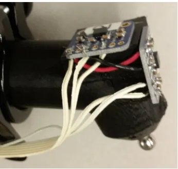 Figure 2.5: Final end-eﬀector design with high-bandwidth accelerometers mounted orthog-onally and very close to the surface contact point.