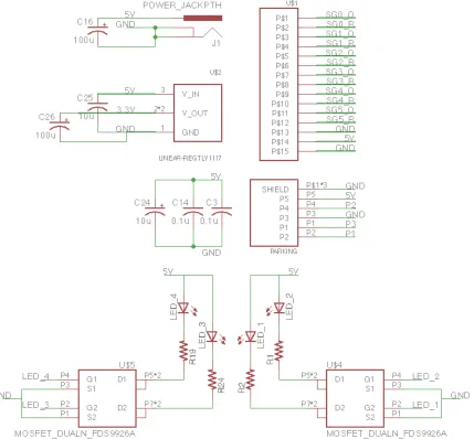 Figure 2.9: Schematic of power distribution circuit. Input power at 5 V is regulated to 3.3 V,smoothed by several ﬁlter capacitors, and distributed to various sensors