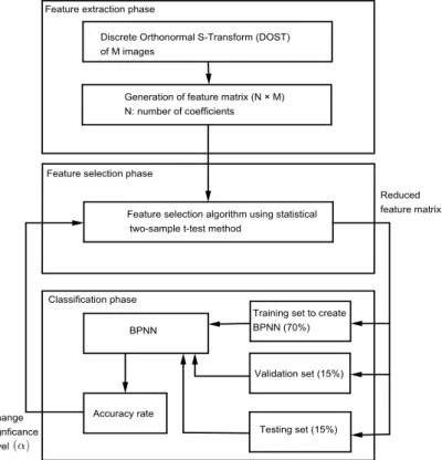 Figure 4.1: Block diagram of proposed scheme for classification of mammographic images using two dimensional discrete orthonormal S-transform (DOST) and back propagation neural network (BPNN).