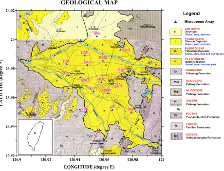 Fig. 1. Geological map of Puli area superimposed with the 16 used sites. Triangles denote the sites of the microtremor array measurements (modiﬁedfrom Huang et al., 2000).
