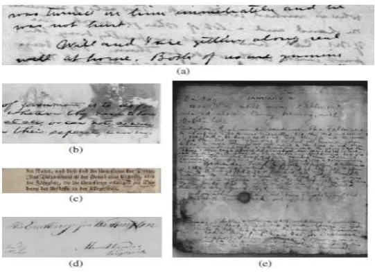 Fig. 1. Five degraded document image examples (a)–(d) are taken from DIBCO series datasets and (e) 