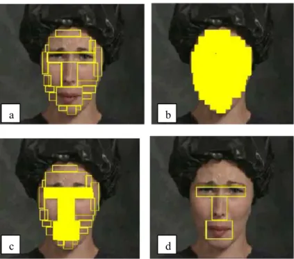 Figure 1. Stimulus regions compared in fixation time analyses: (a) all defined regions, (b) facial  regions (shaded area) compared with non-facial regions (non-shaded), (c) core regions (shaded)  compared with periphery (non-shaded boxes on face), and (d) 