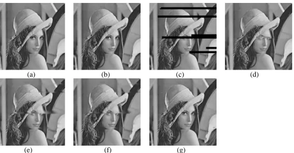 Fig. 5. The error-free and concealed JPEG images (the Y component) of the “Lenna” image with BLR =  10% and M = 75: (a) the error-free image, (b) the error-free image with data embedding; (c)-(g)  the concealed images by Zero-S, BNM, H.264, ERDE, and the p