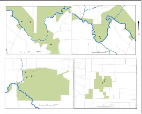 Figure 6. Maps of study areas (green), streams (blue) and study plots (brown). Clockwise from top left, Hampton Greenway, Beecher Hills Greenway, Outdoor Activity Center, and Cascade Springs Nature Preserve 