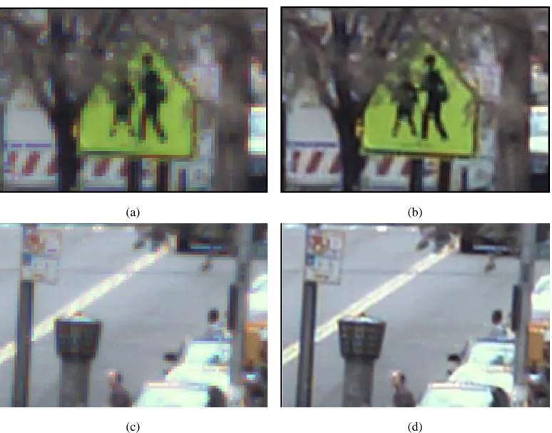 Figure 10: Jitter camera super-resolution for scenes of mostly stationary objects. The left column shows the raw video input from the jitter camera and the right column shows the super-resolution results