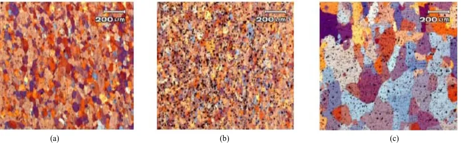 Figure 4. Optical micrographs of Al 6063 alloy: (a) solid solution; (b) solid solution and cold worked 60% of reduction in area; (c) solid solution and cold worked 90% of reduction in area