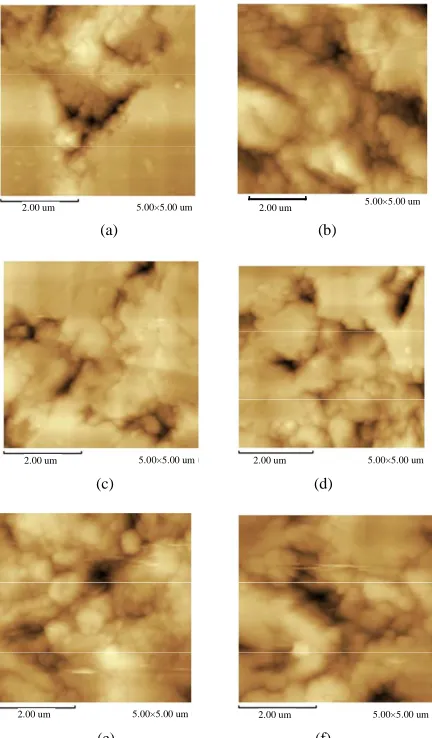 Figure 9. AFM images of SiC in 6M HBr for 180 min (a) 19˚C before etching and (b) 19˚C after etching; (c) 65˚C before etching and (d) 65˚C after etching; (e) 100oC before etching and (f) 100˚C after etching