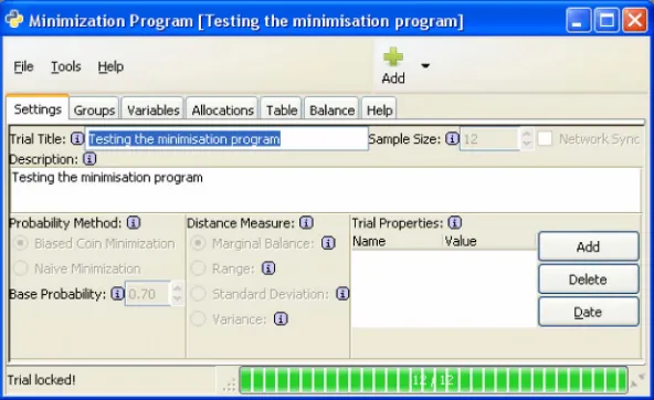 Figure 1. Main window of minimization program showing Settings tab. 