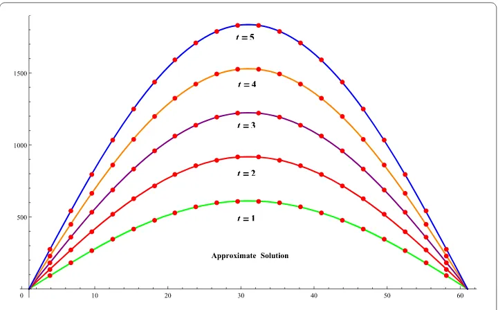 Figure 5 Approximate solution for Problem 2 at diﬀerent time levels when �t = 0.001, N = 60, α = 1.25