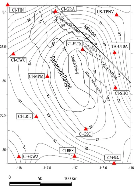 Figure 2. Contour map of the Moho depth (km) in Death Valley based on receiver function data