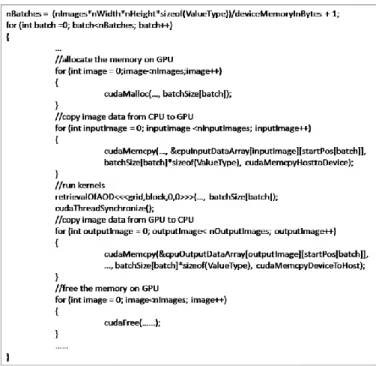 Fig. 6. Pseudo-code for the GPU implementation including the CUDA kernel. 