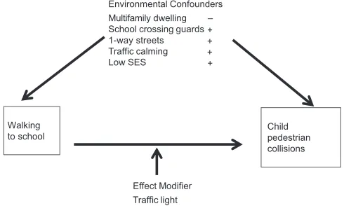 FIGURE 1Multivariate relationship between walking to school, child pedestrian injury, and the environment.