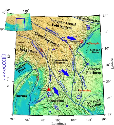 Figure 1. Topography and tectonic framework of the South-eastern Tibetan Plateau. Blue solid lines indicate the deep, large sutures and main tectonic boundaries