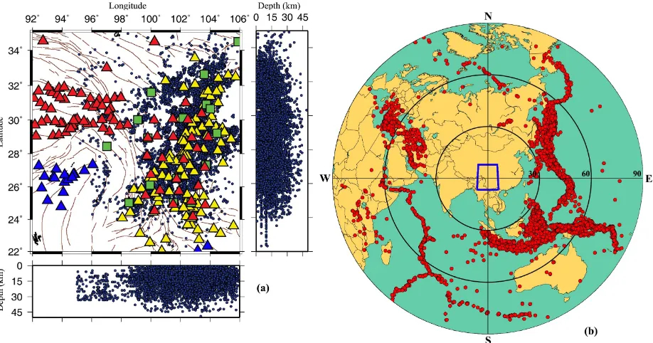 Figure 2. (a) 3-D hypocenter distribution of local earthquakes. Blue dots show the hypocenters of 14,474 local earthquakes with magnitude larger than 1.5