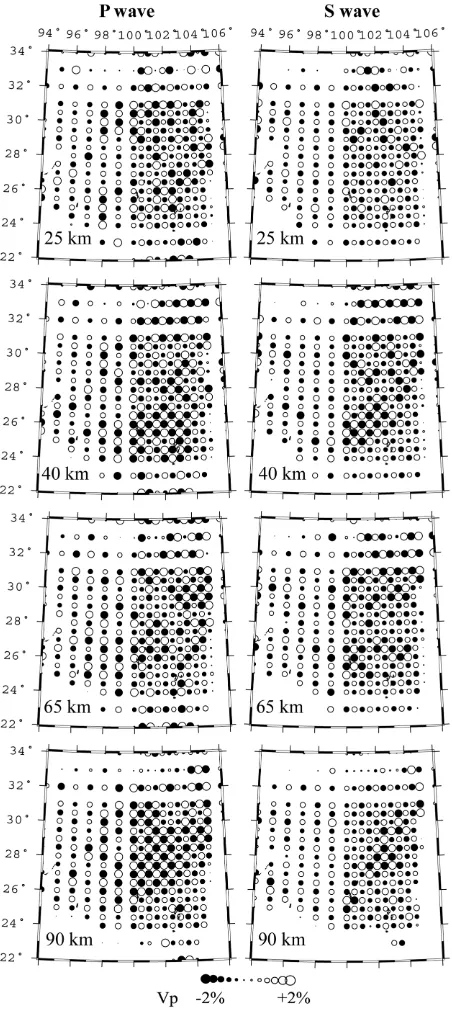 Figure 3. Plan views of the checkerboard resolution tests (CRTs) for the P and S wave tomography