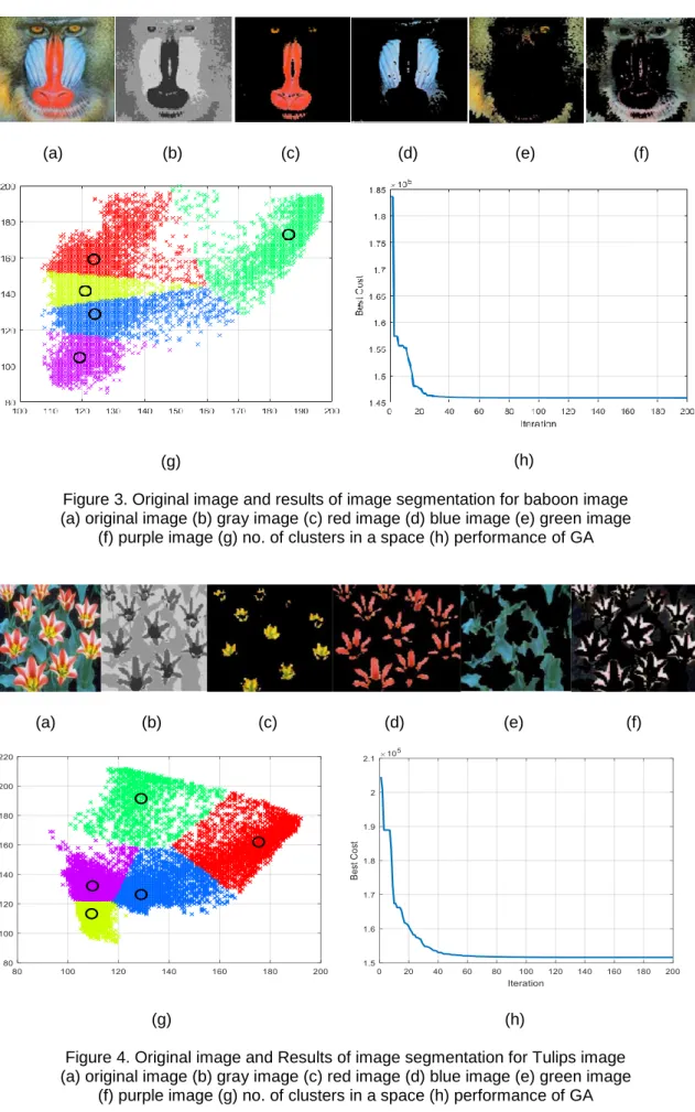 Figure 3. Original image and results of image segmentation for baboon image   (a) original image (b) gray image (c) red image (d) blue image (e) green image  
