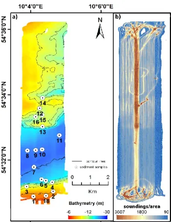 Figure 2. (a) Bathymetry of the study area with locations of sediment samples. (b) Sounding density  map within an equivalent area of 5 × 5 m 2 .