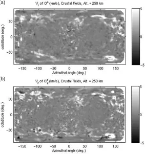 Fig. 10. The radial velocity of atomic (a) and molecular oxygen (b) ions with the crustal magnetic ﬁelds present
