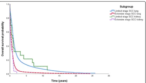 Fig. 2 Overall survival by Kaplan–Meier analysis for small cell cancer of the kidney versus lung and limited versus extensive stage (log-rank test,overall, p < 0.001)