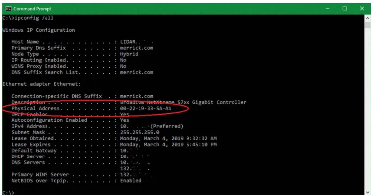 Figure 4: ‘Command Prompt’ window showing system network information 