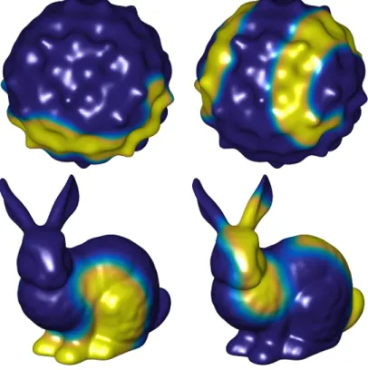 Fig. 9. Fitzhugh–Nagumo spiral wave patterns resulting from solving (37) and (38) on the bumpy sphere and bunny models using the fourth-order compact scheme