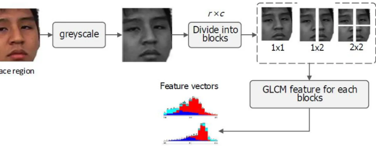 Figure 1. Texture feature using GLCM analysis and face blocks representation 
