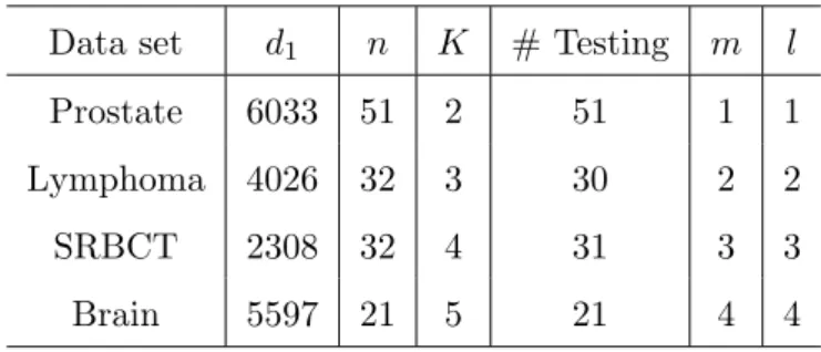 Table 4.2: Data stuctures: data dimension (d 1 ), training size (n), the number of classes (K) and the number of testing data (# Testing), m is the rank of matrix XY T , l is the number of columns in W x and W y and we choose l = m in our experiments.