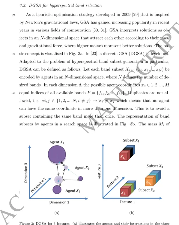 Figure 3: DGSA for 3 features. (a) illustrates the agents and their interactions in the three dimensional space and (b) the representation of band subsets through agents.