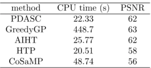Table 4.5: Two-dimensional image: n = 29729, p = 262144, T = 8450, σ = 1e-3.