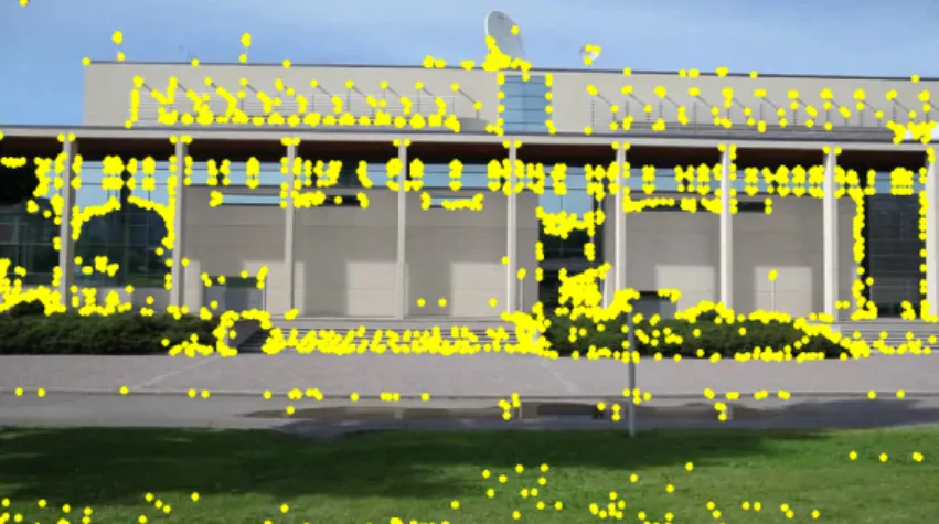 Figure 8. Local features detected by the original Hessian detector. Note the approach convention to detect features from object contours and corners.