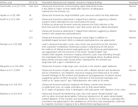 Table 1 Ultrasound and magnetic resonance imaging associated findings, and fetal karyotype in reported cases with prenatallydiagnosed esophageal atresia with duodenal atresia