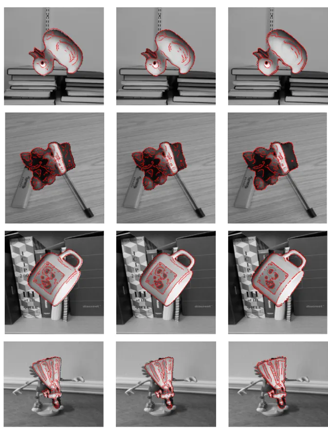 Fig. 4. Pose estimation and edge contour localisation examples: the first column shows reference contour projection based on initial pose estimation by SIFT; the second column shows reference contour projection based on refined pose estimation by G SHexBin