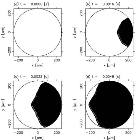 Fig. 6.Result of phase-ﬁeld simulation for �Ts,0= 600 K andqs = 5 × 108 erg cm−2 s−1. The interval of the isotherms is 100 K.No labels indicating T − TM is displayed for the purpose of visualiza-tion