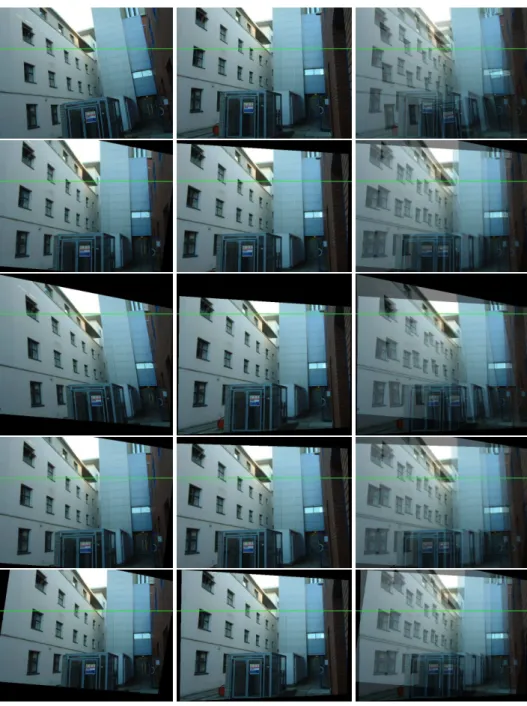 Figure 2: Image pair “Arch” rectified by different methods. From top to bottom: original images, proposed method, Hartley method, Fusiello et al