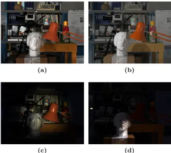 Fig. 5: Example frames of the New Tsukuba stereo dataset: (a) ﬂuorescent, (b) daylight, (c) ﬂashlight, (d) lamps