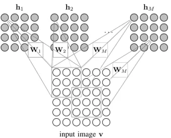 Fig. 3. Schematic view of the convolutional classification RBM. The connection weights U are shared between all nodes in a feature map.